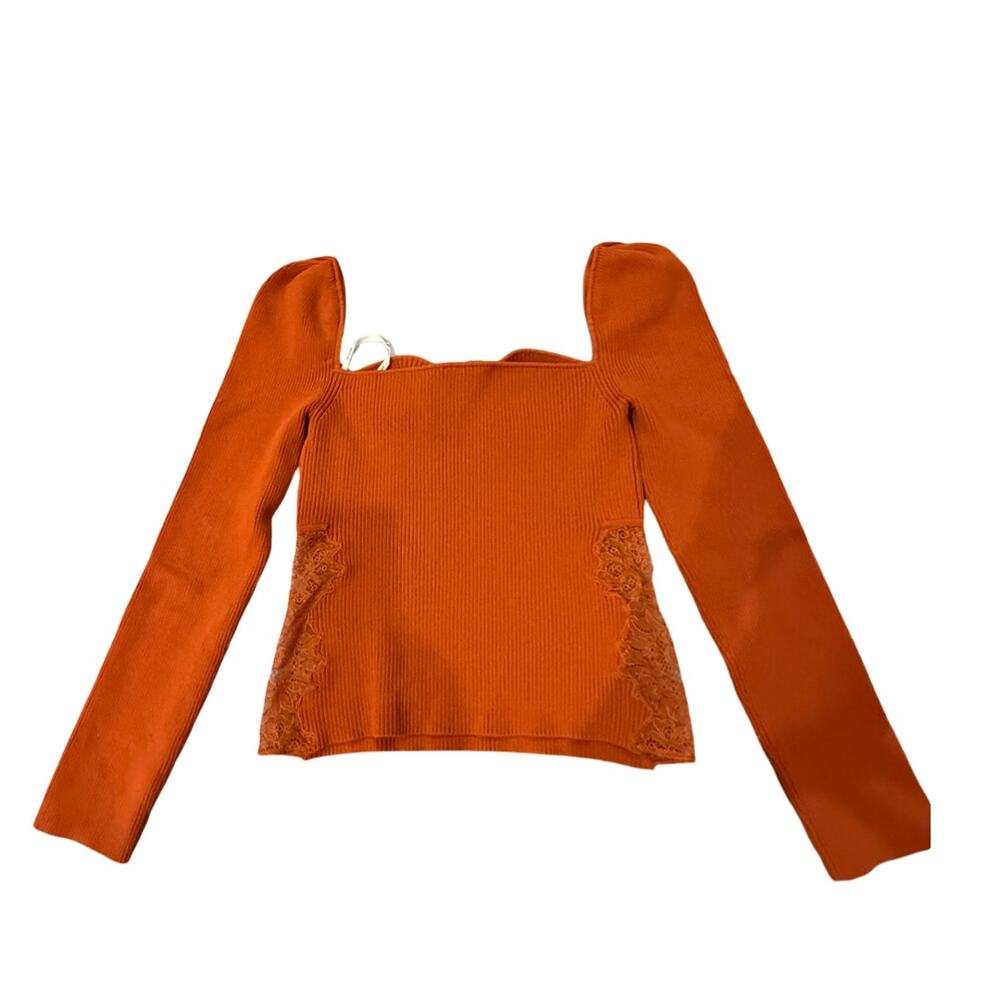 Self-Portrait Designer Cinnamon Ribbed Top Lace Panel, Large - Picture 3 of 4